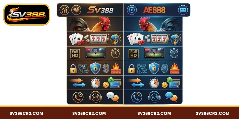 SV388 VS AE888 - Cuộc Đối Đầu Giữa 2 Nền Tảng Đá Gà Hàng Đầu 3 Đánh giá SV388 vs AE888 trên nhiều phương diện
